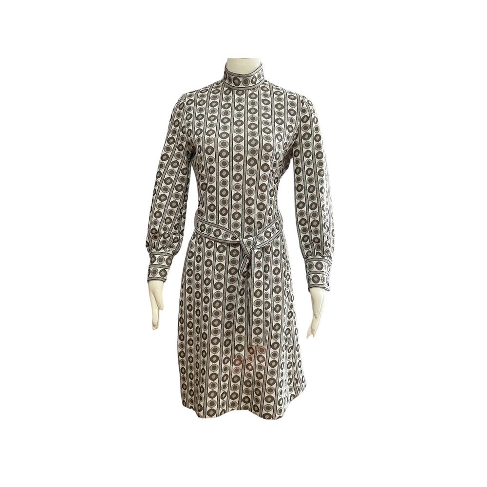 1970s Act III Brown Gray White Striped Geometric Pattern Polyester Knit Dress